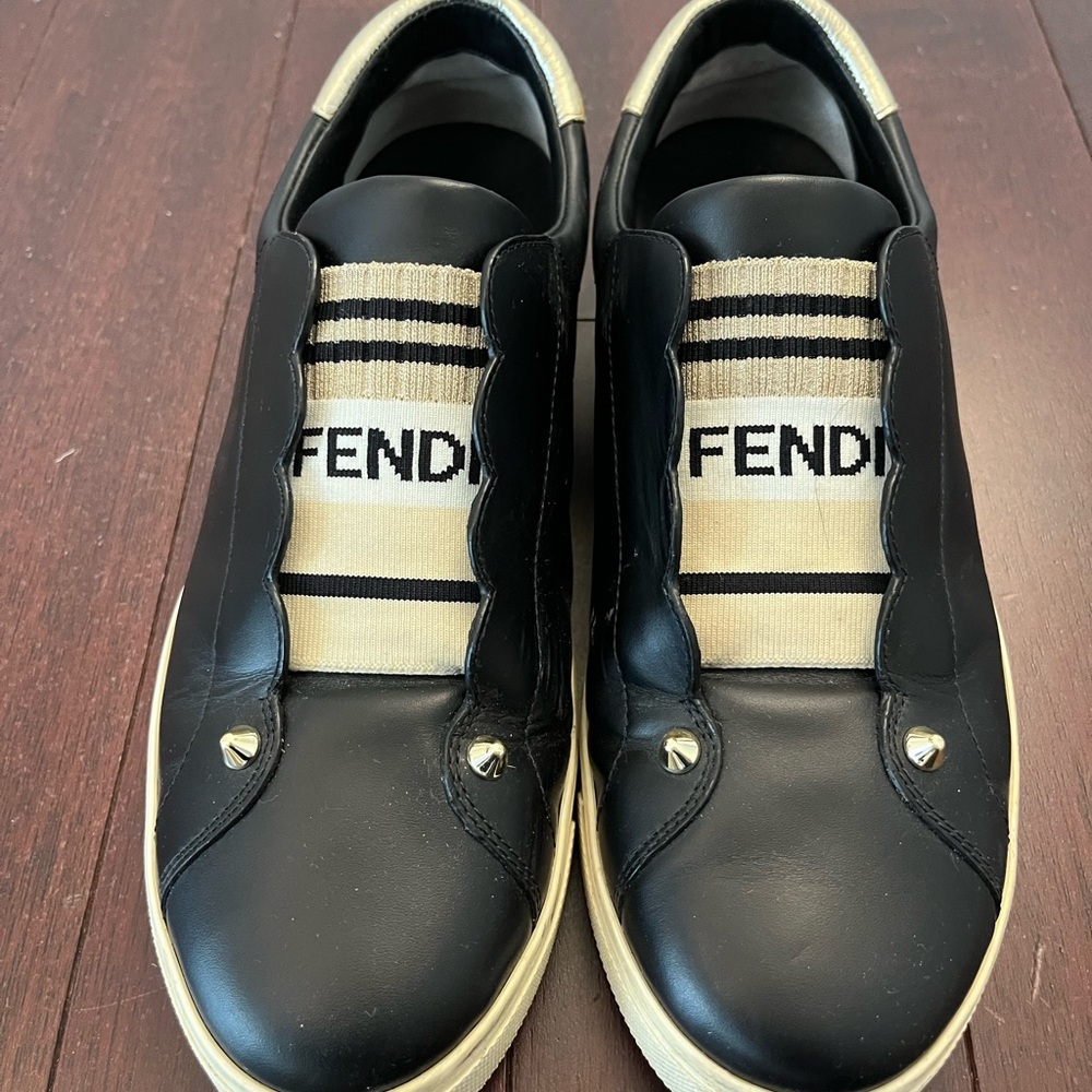Fendi Black Scalloped Leather Slip-on Sneakers